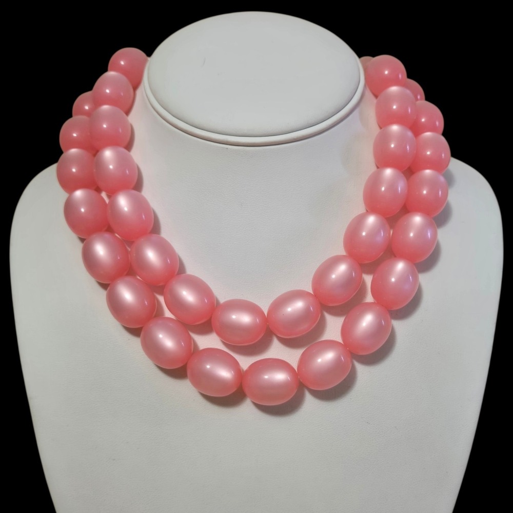 Vtg Marvella Pink Moonglow Moonstone Oval Beaded Double Strand Necklace 14"-16"